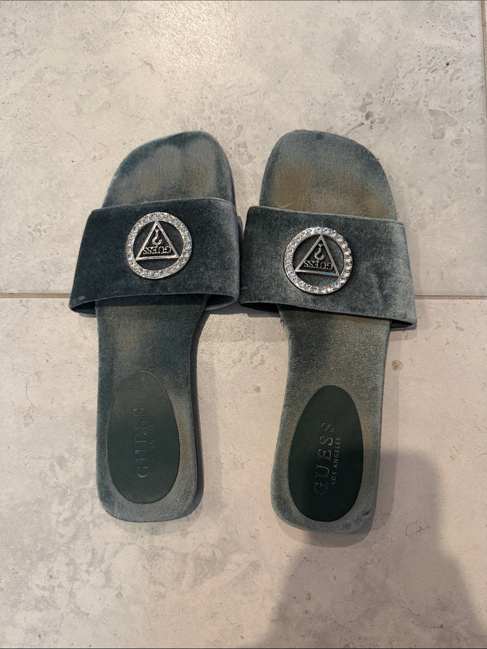 GUESS Velvet Slide Mules in Dark Green with Crystal Logo